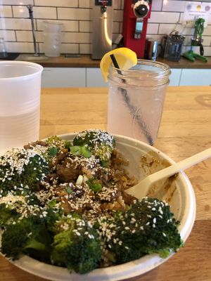 Half eaten Sesame Rice Bowl and Lavender Lemonade... I couldn’t wait.   at The Loaded Bowl in Oklahoma City