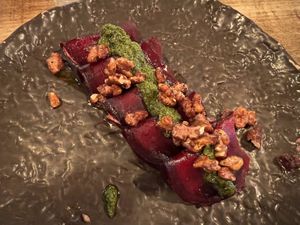 Beet raviolii  at Honest Greens in Porto