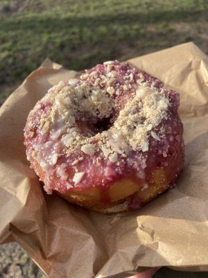 Cherry bakewell donut  at Holy Grounds in Preston