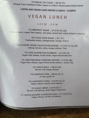 Picture of the vegan menu page    at Arthur's in Mirfield