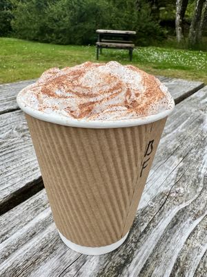 Hot chocolate with vegan cream   at Tarvie Services in Strathpeffer