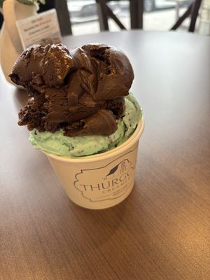 Brownie batter and mint chip  at Thurgood Creamery in Syracuse