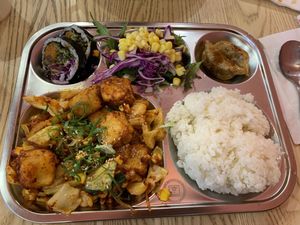 K-school tray…didn’t quite hit the spot. Kimbap and salad quite bland.  at Sinjeon in Sydney