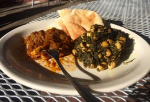 Veggie sampler- eggplant squash stew & chickpea spinach salad at Mediterranean Deli in Chapel Hill