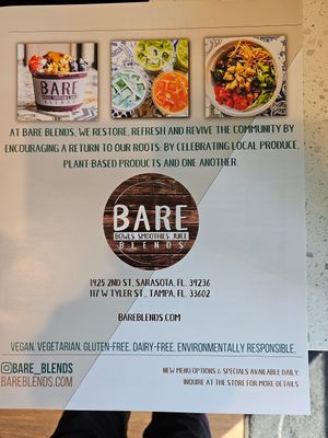 Menu at BARE Blends in Tampa