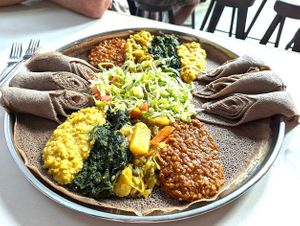 Vegan platter for 2, with sour Ethiopian bread at House of Habesha in Sheffield