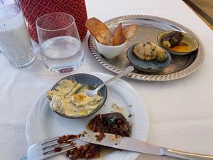 Mint hummus, stuffed eggplant and lacto vegetarian pastry at Le Mille e Una Notte in Trieste