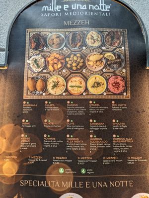Mezzah menu. Darker Green = vegan option at Le Mille e Una Notte in Trieste