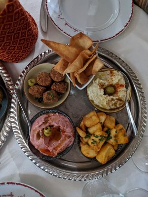 really good potatoes, aubergine hummus, falafel, beetrot hummus at Le Mille e Una Notte in Trieste