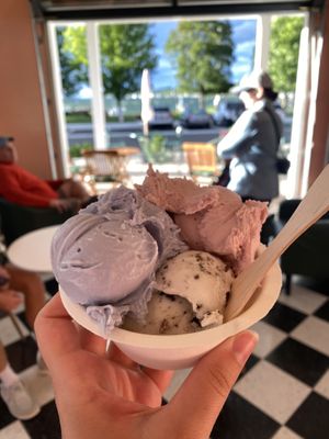Bubblegum, strawberry, and cookies and creamm  at KOKOS Ice Cream in Sister Bay
