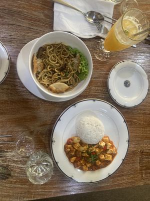 Pinapple-Orange Juce, Nudels with Dumplings, Mapo Tofu  at Mai3 Cafegan Vegetarian Cafe in Kuta