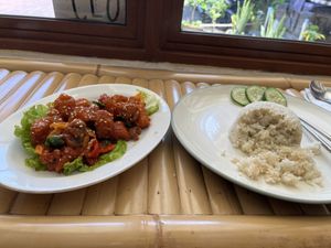 Amazing food!!! I got the spicy mushroom kung pao and ginger rice. Cannot recommend enoughh  at Mai3 Cafegan Vegetarian Cafe in Kuta