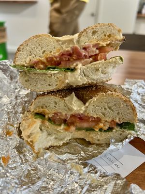 The Veg Out bagel with hummus, tomato, spinach, sriracha, and pickled red onions (86ed the cucumber…not my cuppa 🙂)  at Bom Dia Cafe in Portland