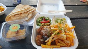Loaded platter and baklawa at Al Wadi Falafel in Wexford