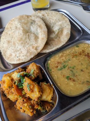 Dum aloo, cholar dahl and peas kachori at Saurav Ki Rasoi in Folkestone