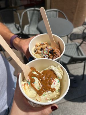 Two vegan ice cream pots   at Glacier ego in Perpignan