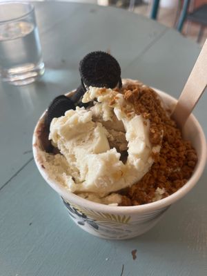 Many unique vegan flavours such as nuts, rum raisin, coffee, vanilla and black forest, with toppings  at Glacier ego in Perpignan