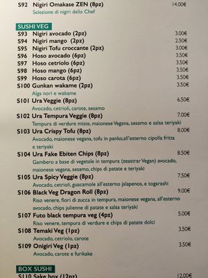 Menu at ZEN in Vicenza