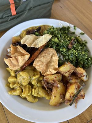 Delicious! Eggplant Moju, devilled potato, mallum, cashew curry and Dahl curry. Really good! All you can eat, $17.95  at Serendib in Kingsbury