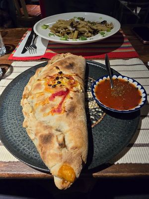 Mushroom Calzone and Mushroom Penne both with vegan cheese at Nesaki in Crete