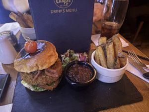 Vegan burger - flavoursome with a lovely portobello mushroom, mmmm    at Chapel Street Bar & Kitchen in Llangollen