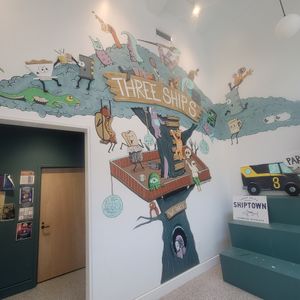 Entrance artwork at Three Ships Coffee Roasters in Norfolk
