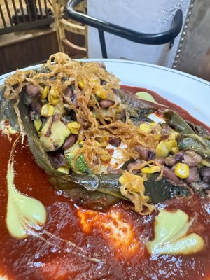 Vegan roasted stuffed poblano  at La Luna @ La Fonda in Taos