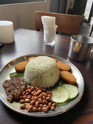 Vegan Nasi Lemak with plant based nuggets  at Moginum Restobar in Kota Kinabalu