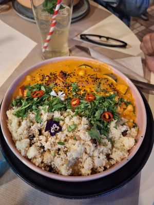The curry, not quite as beautiful as initially presented as I couldn't resist taken a mouthful before the photo was taken! at Estamos Sembrados in La Herradura