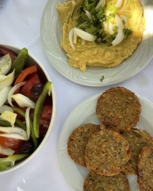 Chickpea Balls, Greek Salad without Feta, Fava  at Mike's Place in Crete