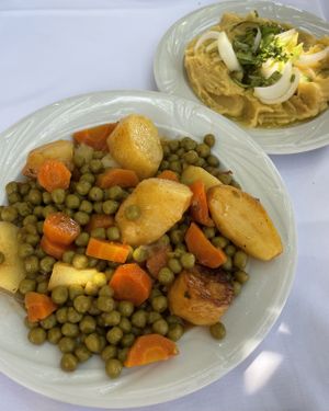 Vegetarian Menu (green peas, potatoes, carrots), Fava  at Mike's Place in Crete