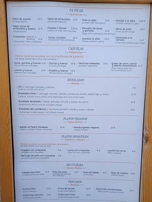 Carta, con 2 platos veganos at Bar Restaurante Angel in Cangas De Onis