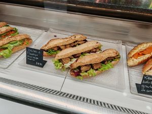 asian-style seitan sandwich pickled red cabbage at La Mauvaise Herbe in Paris