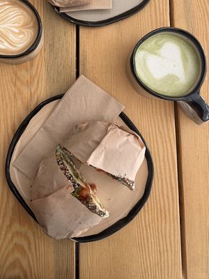 Vegan bagel. Matcha with oat milk   at obred - обред in Sofia