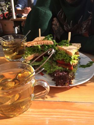 Tofu and avocado sandwich from their lunch menu with green tea, vegan  at HappenPappen in Hamburg