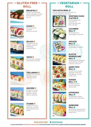 Vegetarian menu (right column) at Hooked On Sushi in San Marcos