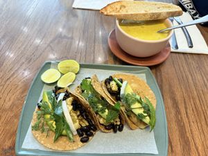 Tacos de chicharrón vegano y crema de elote   at MEX - Vuela Carmela - T2 in Mexico City