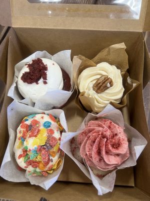 Red velvet, carrot, fruity pebbles, and raspberry velvet - all were excellent but the red velvet was my fave! 🤤  at Sweet Haven Bakery in Citrus Heights