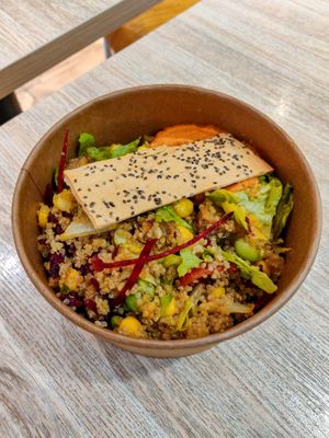 Beyond Me bowl which comes with beyond meat pieces, red pepper hummus, and different beans and veggies at SaladStop - Novena Square in Central Singapore