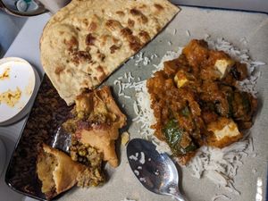 Roti, tofu masala and samosa (all vegan) at Mela in Asheville