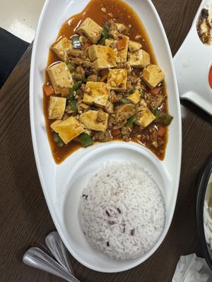 Vegan Mapo Tofu with blue pea flower ricee  at Vegan Lovers in Macau