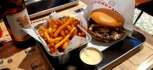 Beyond meat burger with one patty, fries and vegan chili mayo at Prime Burger - Thanon Khao San in Bangkok