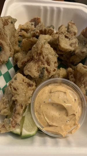 Capeaditos, crispy and crunchy, fried oyster mushrooms with their house made Morita Mayo  at Taqueria Vegana  in Toronto