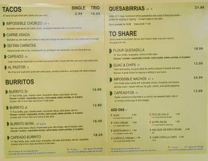 Menu at Taqueria Vegana  in Toronto