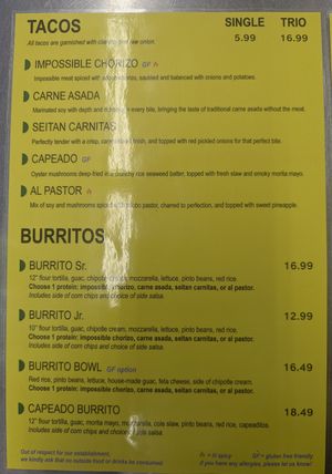 Menu at Taqueria Vegana  in Toronto