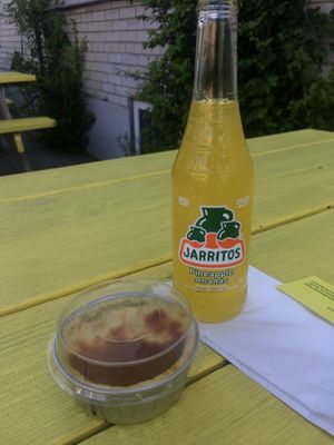 Vegan Mexican cheesecake and a pineapple Jarritos soda  at Taqueria Vegana  in Toronto