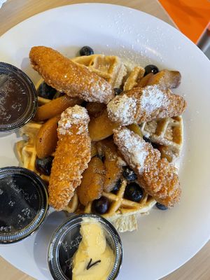 Chikn waffle with peach/blueberry   at The Wafflery in Charlotte