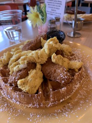 Vegan chicken & waffles with vegan egg  at The Wafflery in Charlotte