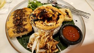 Sweet and spicy sunny rice (vegan sunny side up) at Kynd Baker in Surabaya