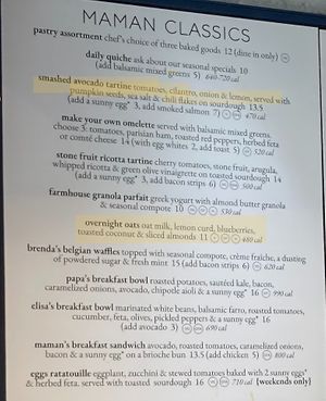 Wall menu (only two vegan items are highlighted) at Maman - Upper East Side in New York City